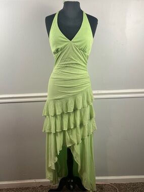 90s city triangles green fairy ruffle tiered halter floral glitter dress size M